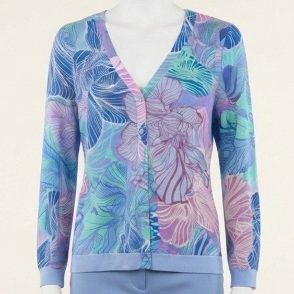 Strazzi Floral Cardigan Sweater Womens XL Blue Purple Botanical Resort Prep 70s